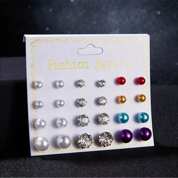 12 Pairs Of Zirconia Crystal Pearl Earrings Set - Picture 3 of 6